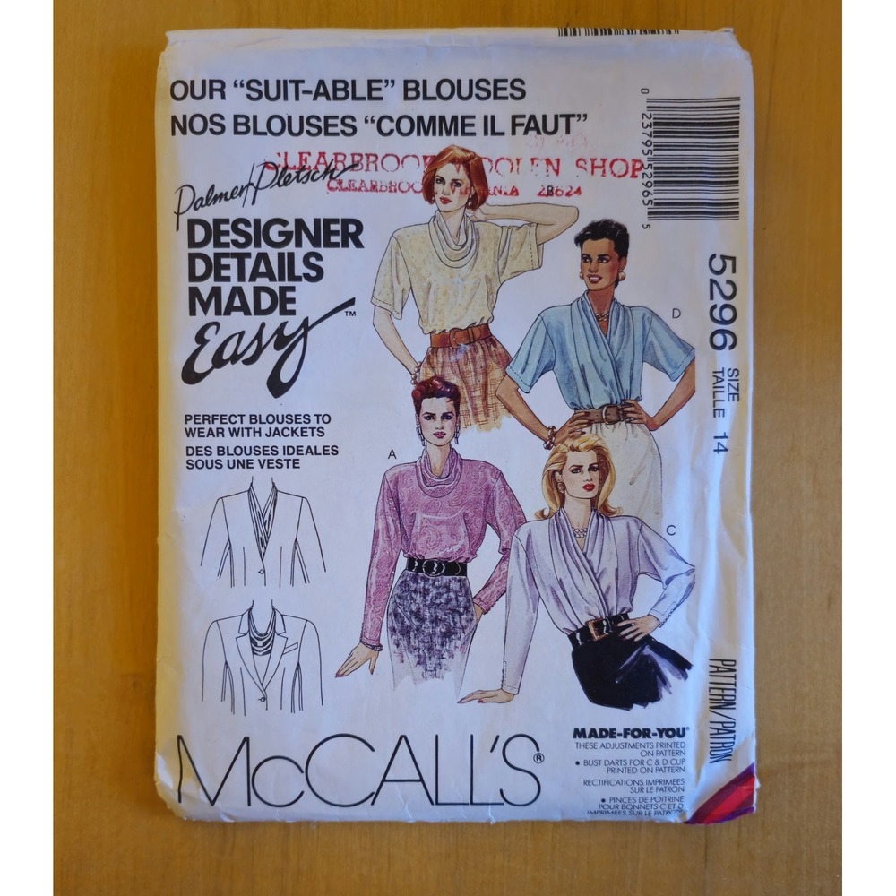 McCall's Pattern 5296 UnCut SZ 14 Draped Blouses Designer Details Palmer/Petsch